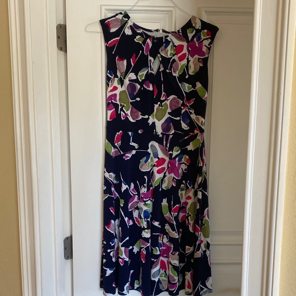 Floral-Print Navy Midi Dress with Pink & Green Accents